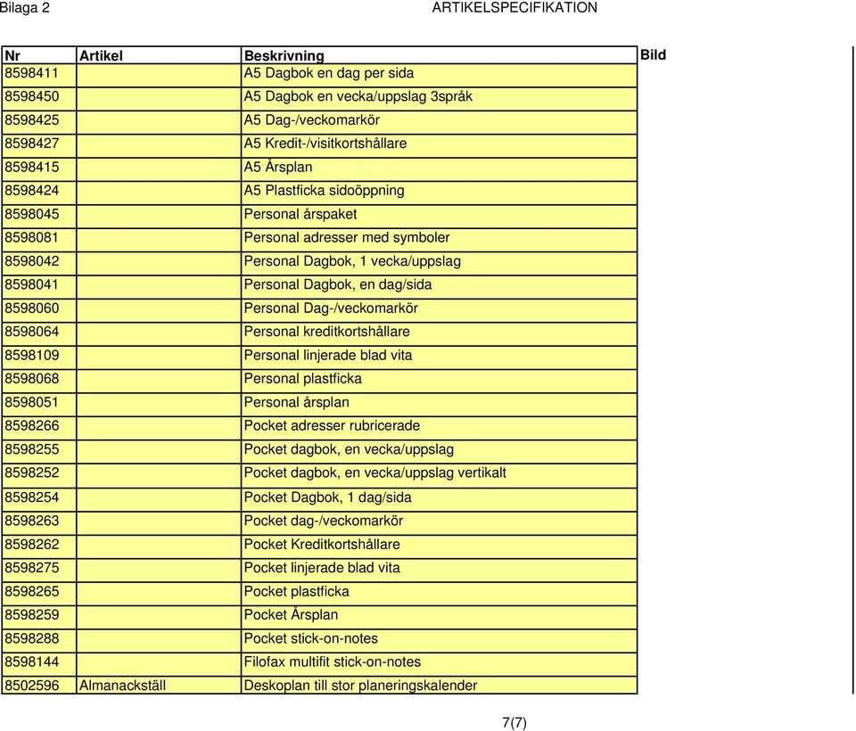 kreditkortshållare 8598109 Personal linjerade blad vita 8598068 Personal plastficka 8598051 Personal årsplan 8598266 Pocket adresser rubricerade 8598255 Pocket dagbok, en vecka/uppslag 8598252 Pocket