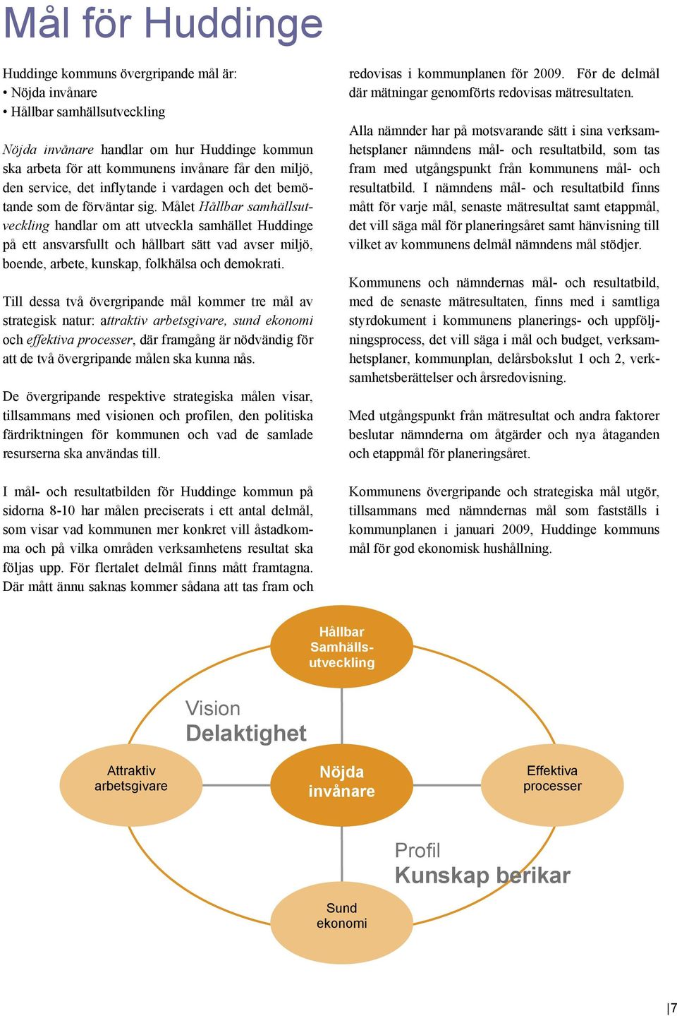 Målet Hållbar samhällsutveckling handlar om att utveckla samhället Huddinge på ett ansvarsfullt och hållbart sätt vad avser miljö, boende, arbete, kunskap, folkhälsa och demokrati.