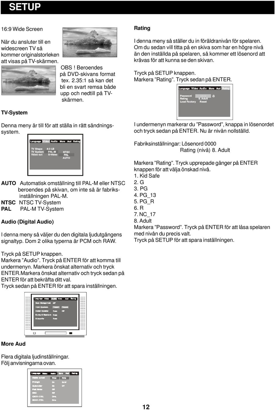 Om du sedan vill titta på en skiva som har en högre nivå än den inställda på spelaren, så kommer ett lösenord att krävas för att kunna se den skivan. Tryck på SETUP knappen. Markera Rating.