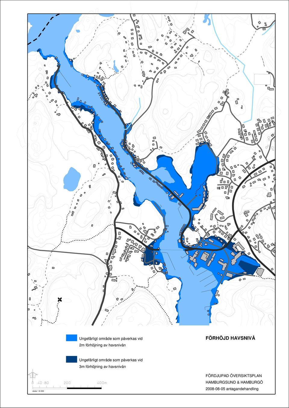 påverkas vid 3m förhöjning av havsnivån skala 1:8 000