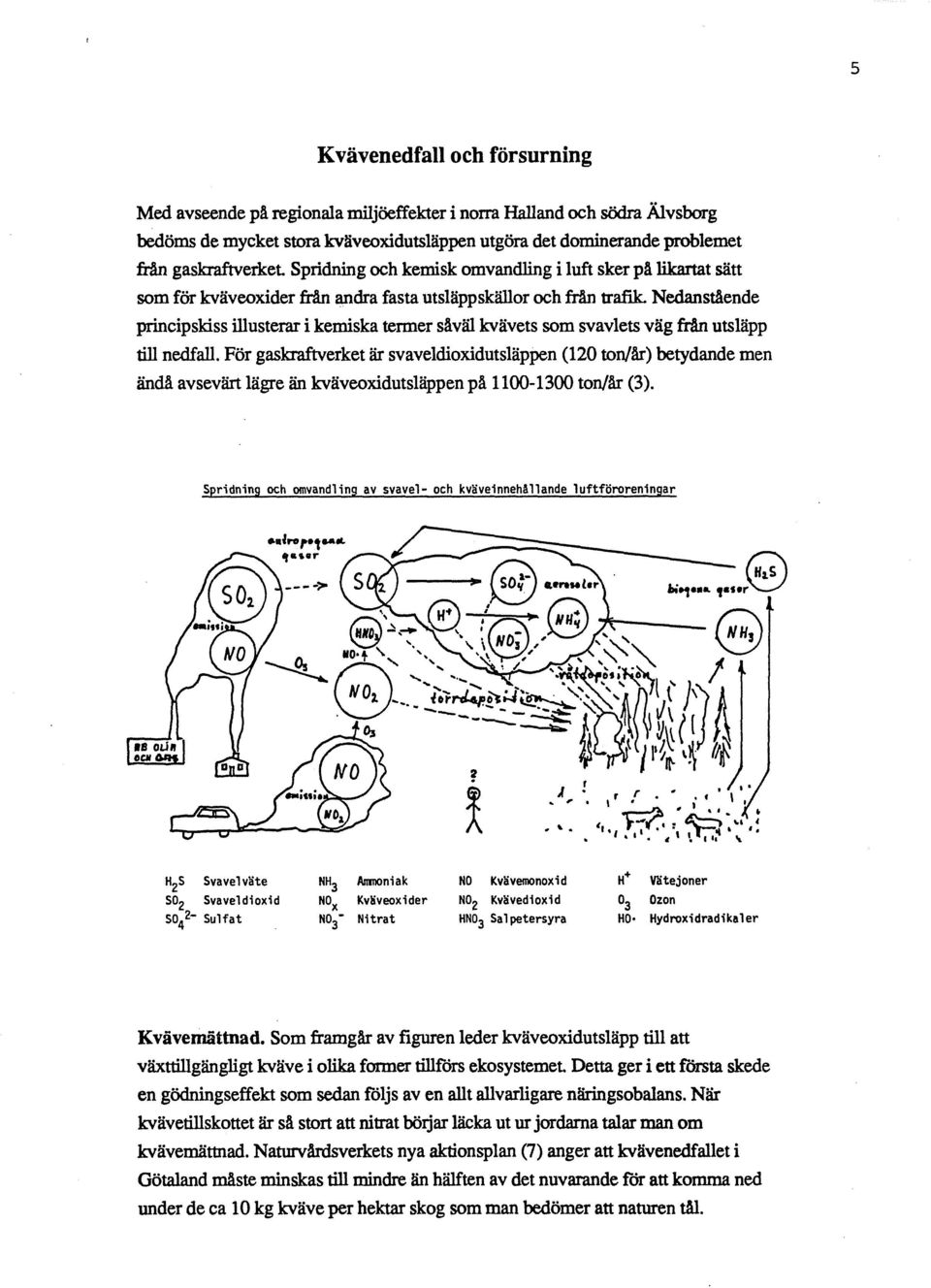 Nedanstäende principskiss illusterar i kemiska termer säväl kvävets som svavlets väg frän utsläpp till nedfall. För gaskraftverket är svaveldioxidutsläppen (120 ton/är) betydande men ända.