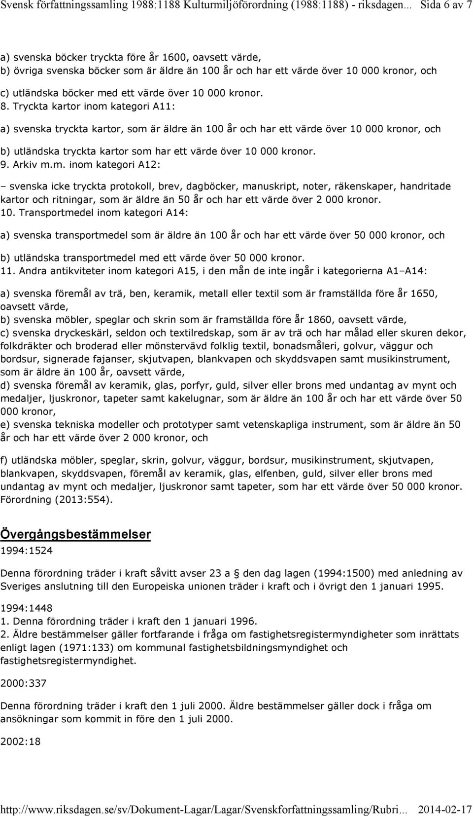 Tryckta kartor inom kategori A11: a) svenska tryckta kartor, som är äldre än 100 år och har ett värde över 10 000 kronor, och b) utländska tryckta kartor som har ett värde över 10 000 kronor. 9.