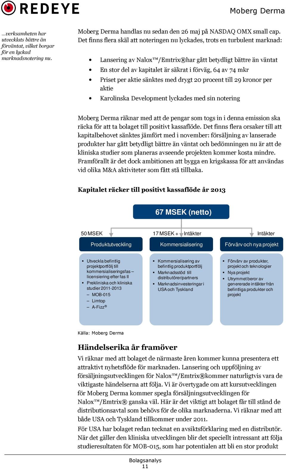 Priset per aktie sänktes med drygt 20 procent till 29 kronor per aktie Karolinska Development lyckades med sin notering Moberg Derma räknar med att de pengar som togs in i denna emission ska räcka