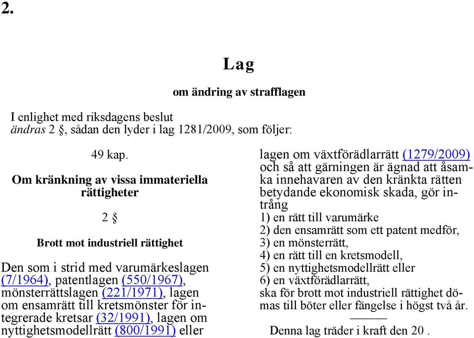 till kretsmönster för integrerade kretsar (32/1991), lagen om nyttighetsmodellrätt (800/1991) eller lagen om växtförädlarrätt (1279/2009) och så att gärningen är ägnad att åsamka innehavaren av den