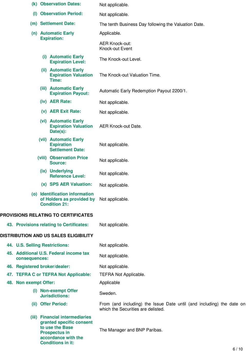 Source: (ix) Underlying Reference Level: (x) SPS AER Valuation: (o) Identification information of Holders as provided by Condition 21: The tenth Business Day following the Valuation Date. Applicable.