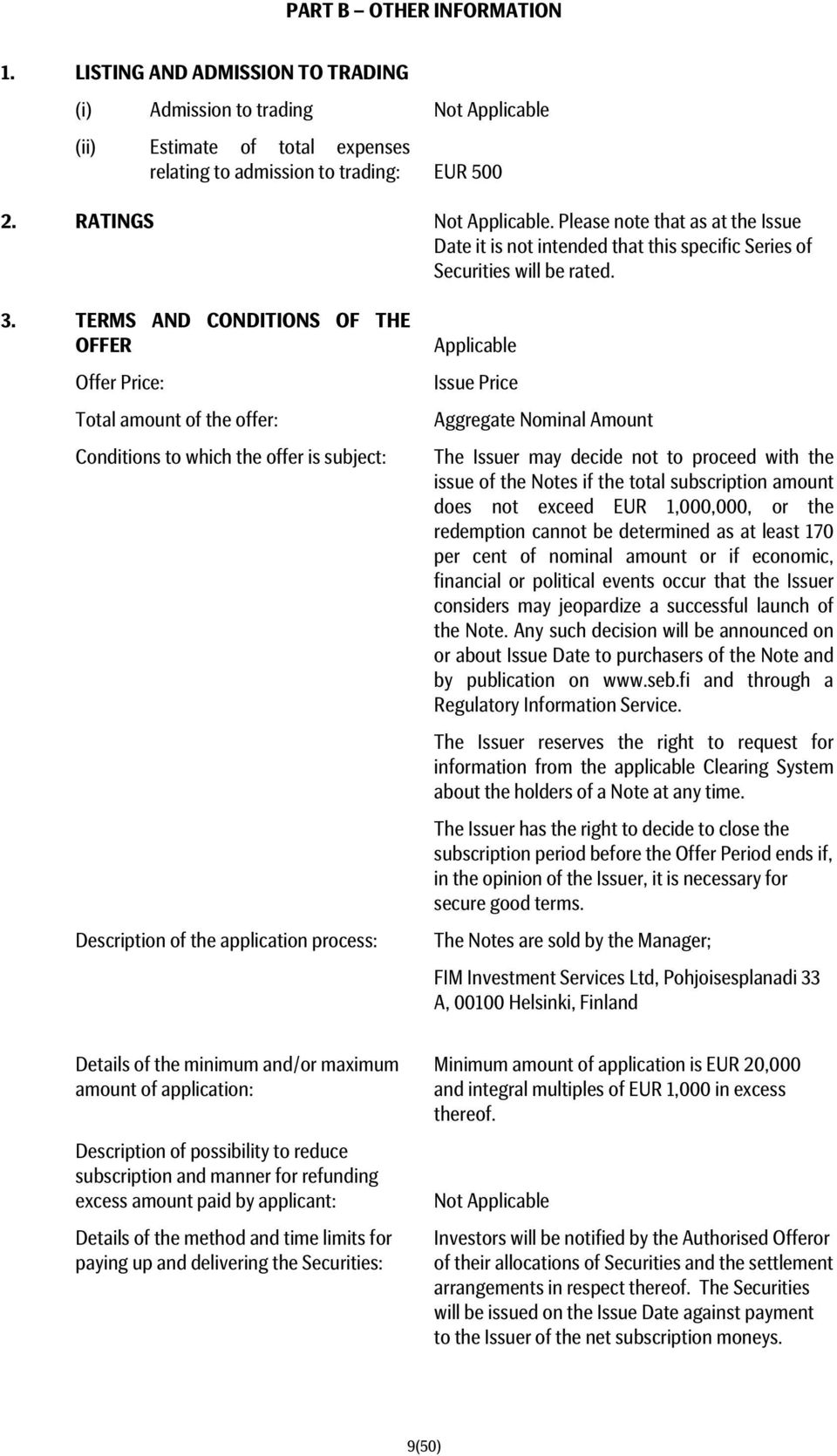 TERMS AND CONDITIONS OF THE OFFER Offer Price: Total amount of the offer: Conditions to which the offer is subject: Description of the application process: Applicable Issue Price Aggregate Nominal