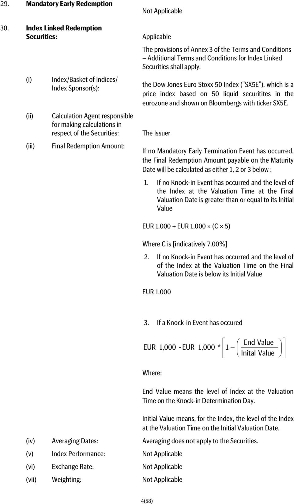 Amount: Applicable The provisions of Annex 3 of the Terms and Conditions Additional Terms and Conditions for Index Linked Securities shall apply.