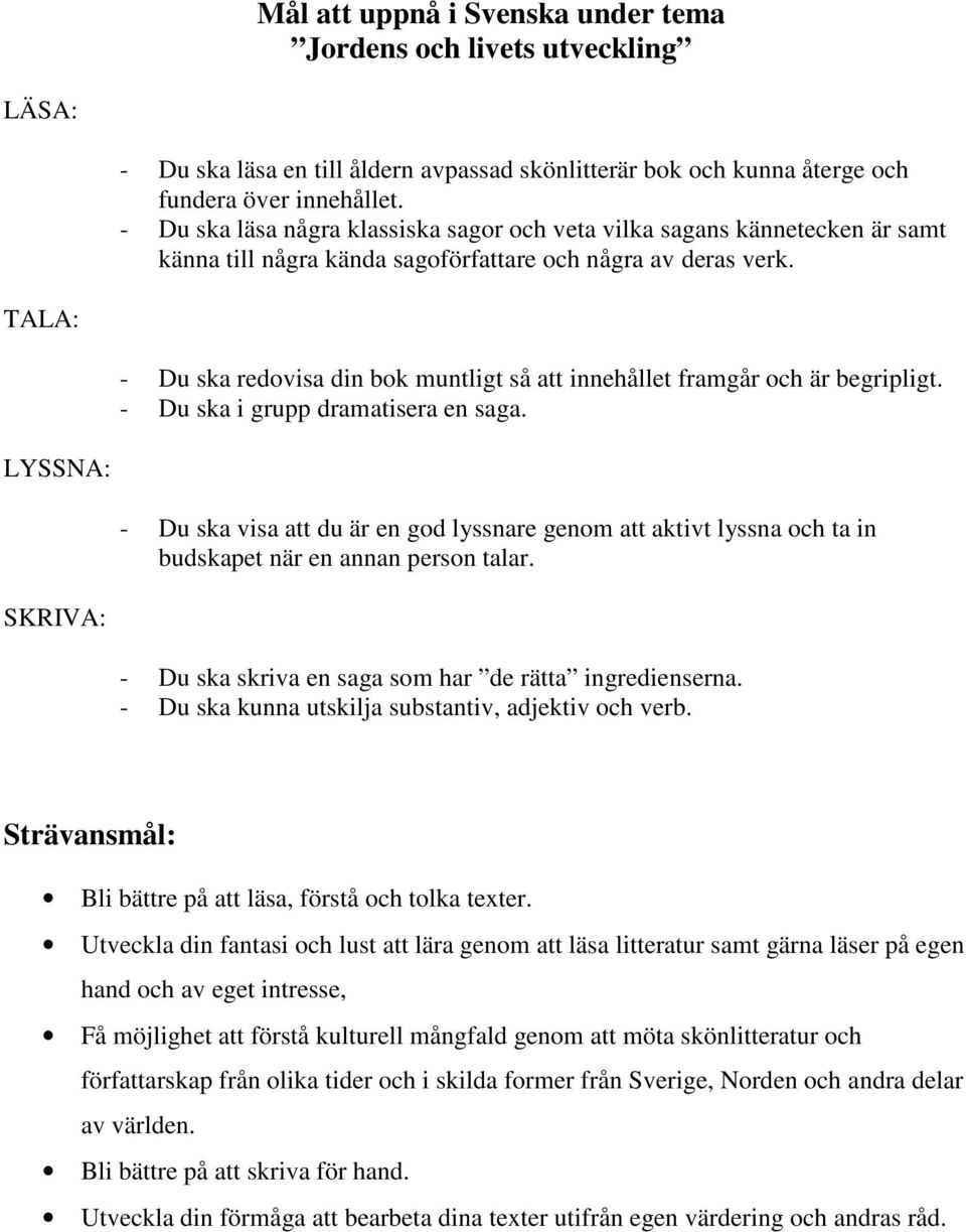 TALA: - Du ska redovisa din bok muntligt så att innehållet framgår och är begripligt. - Du ska i grupp dramatisera en saga.