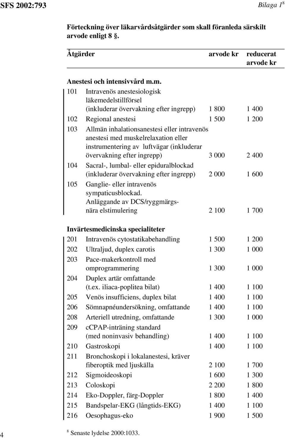 m. 101 Intravenös anestesiologisk läkemedelstillförsel (inkluderar övervakning efter ingrepp) 1 800 1 400 102 Regional anestesi 1 500 1 200 103 Allmän inhalationsanestesi eller intravenös anestesi