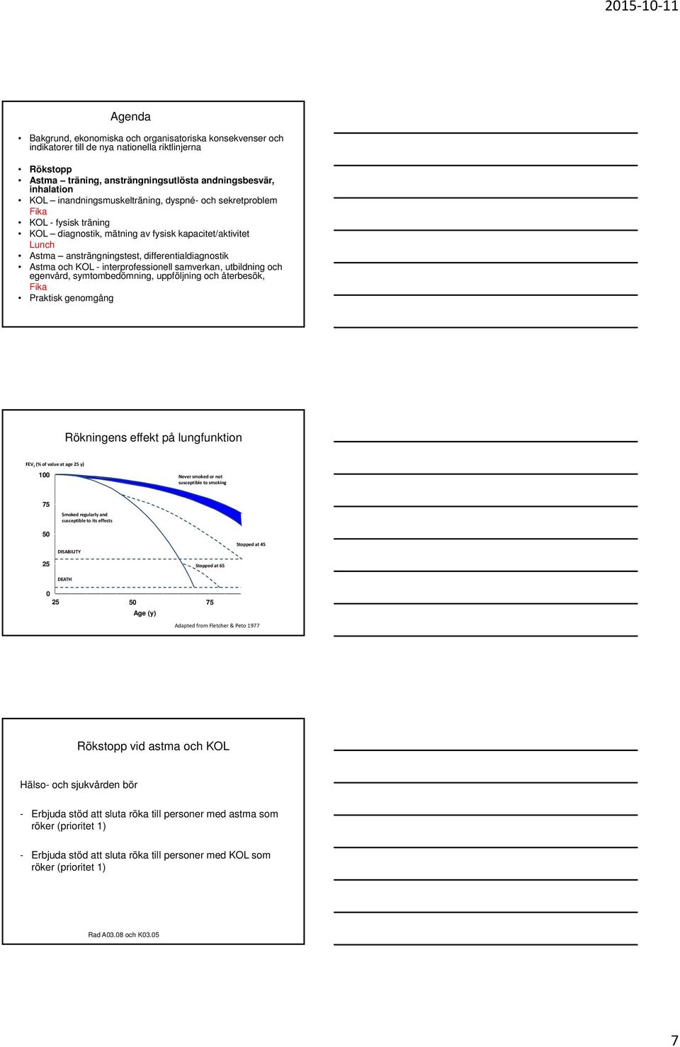 - interprofessionell samverkan, utbildning och egenvård, symtombedömning, uppföljning och återbesök, Fika Praktisk genomgång Rökningens effekt på lungfunktion FEV 1 (% of value at age 25 y) 100 Never