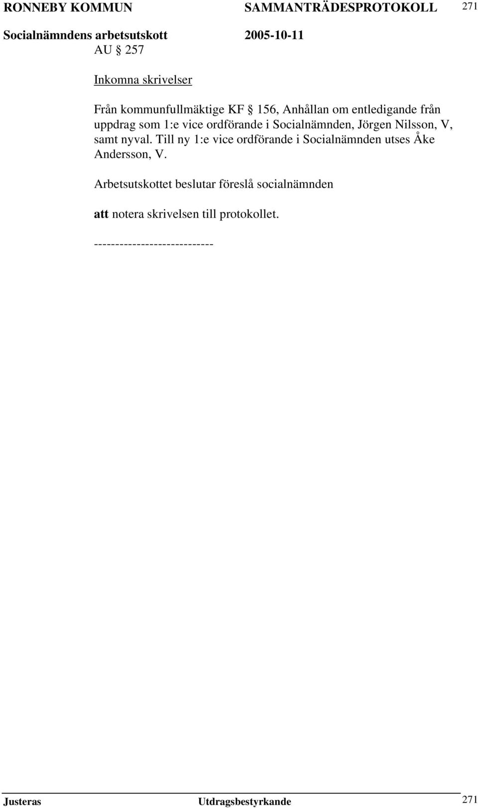 Till ny 1:e vice ordförande i Socialnämnden utses Åke Andersson, V.