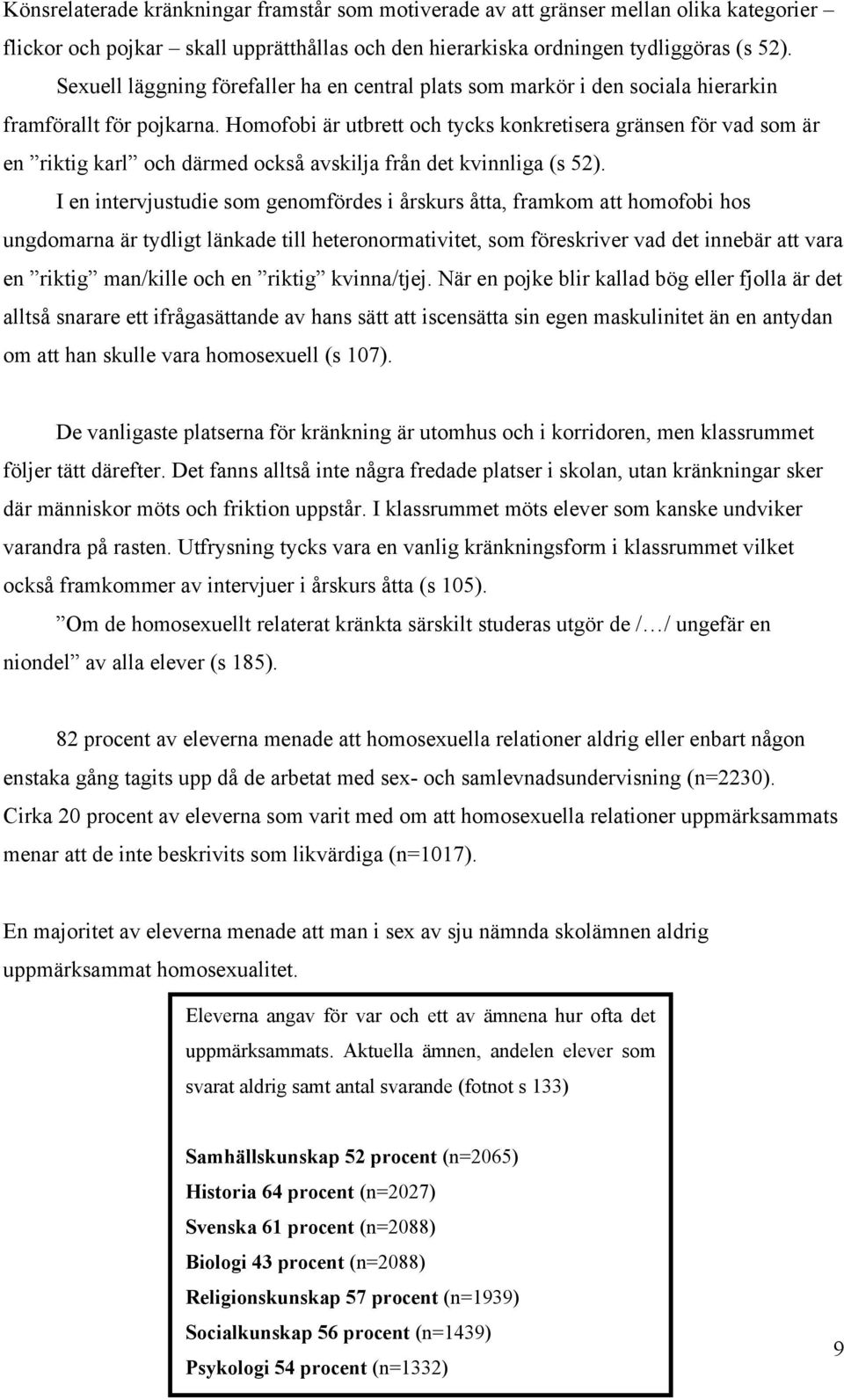 Homofobi är utbrett och tycks konkretisera gränsen för vad som är en riktig karl och därmed också avskilja från det kvinnliga (s 52).
