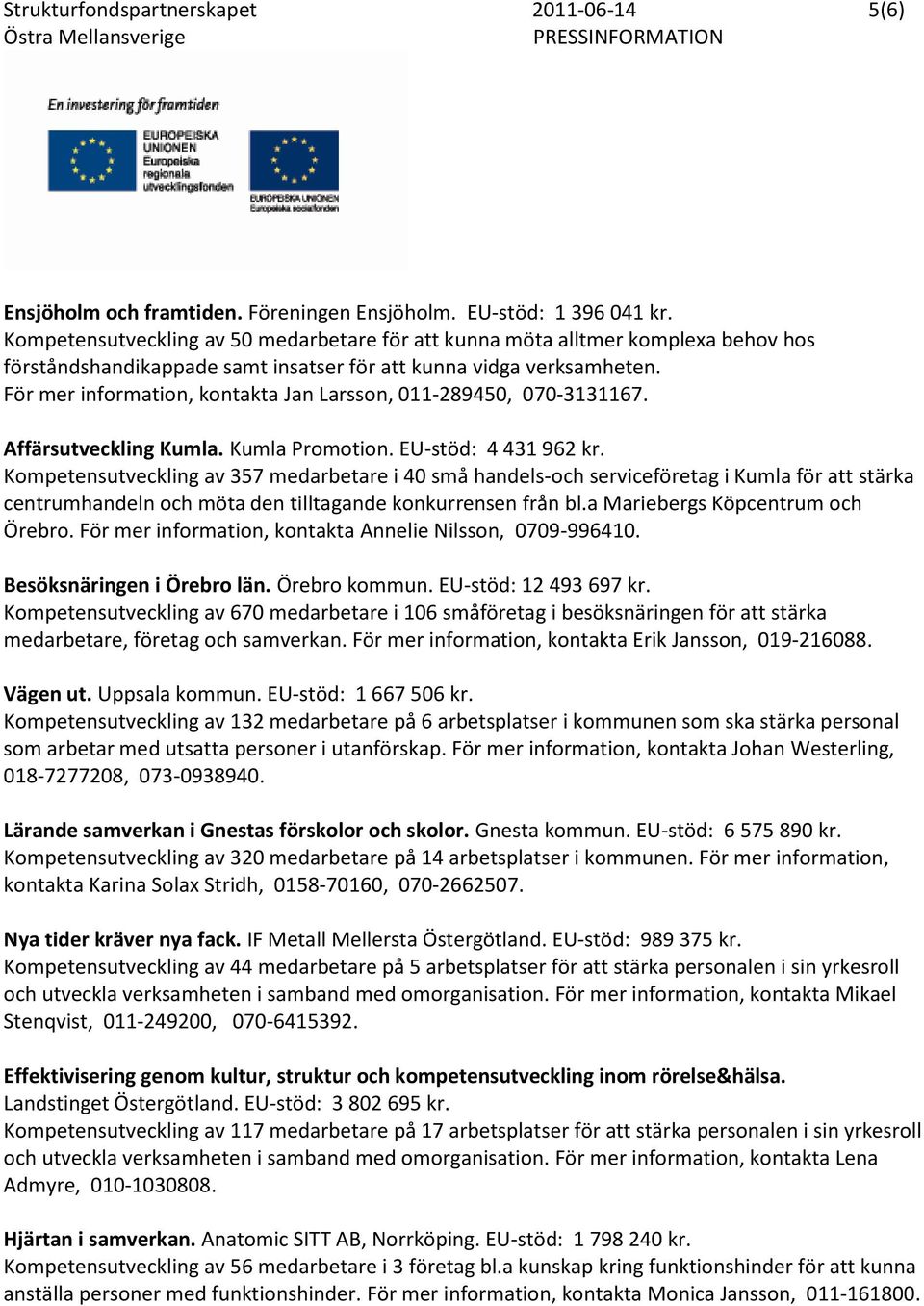 För mer information, kontakta Jan Larsson, 011-289450, 070-3131167. Affärsutveckling Kumla. Kumla Promotion. EU-stöd: 4 431 962 kr.