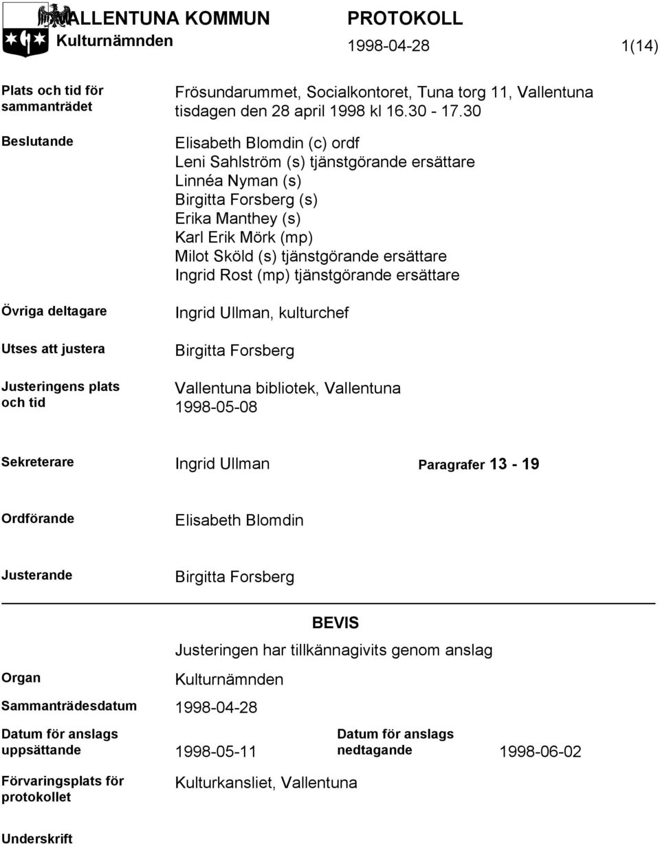 30 Elisabeth Blomdin (c) ordf Leni Sahlström (s) tjänstgörande ersättare Linnéa Nyman (s) Birgitta Forsberg (s) Erika Manthey (s) Karl Erik Mörk (mp) Milot Sköld (s) tjänstgörande ersättare Ingrid