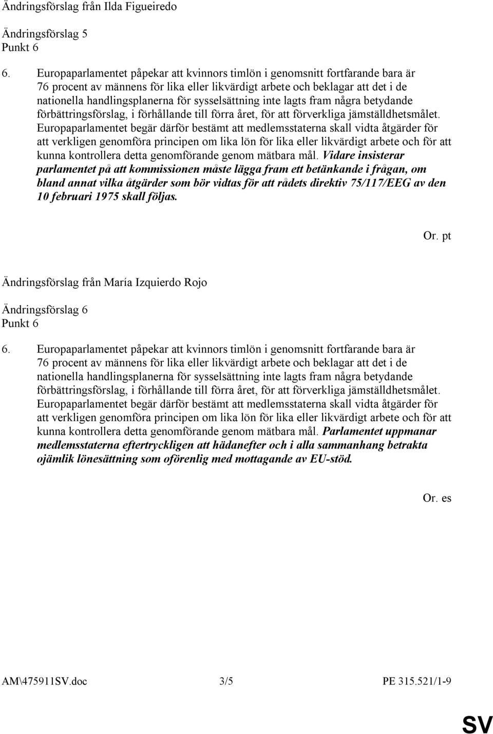 Vidare insisterar parlamentet på att kommissionen måste lägga fram ett betänkande i frågan, om bland annat vilka åtgärder som bör vidtas för att rådets direktiv 75/117/EEG av den 10 februari 1975