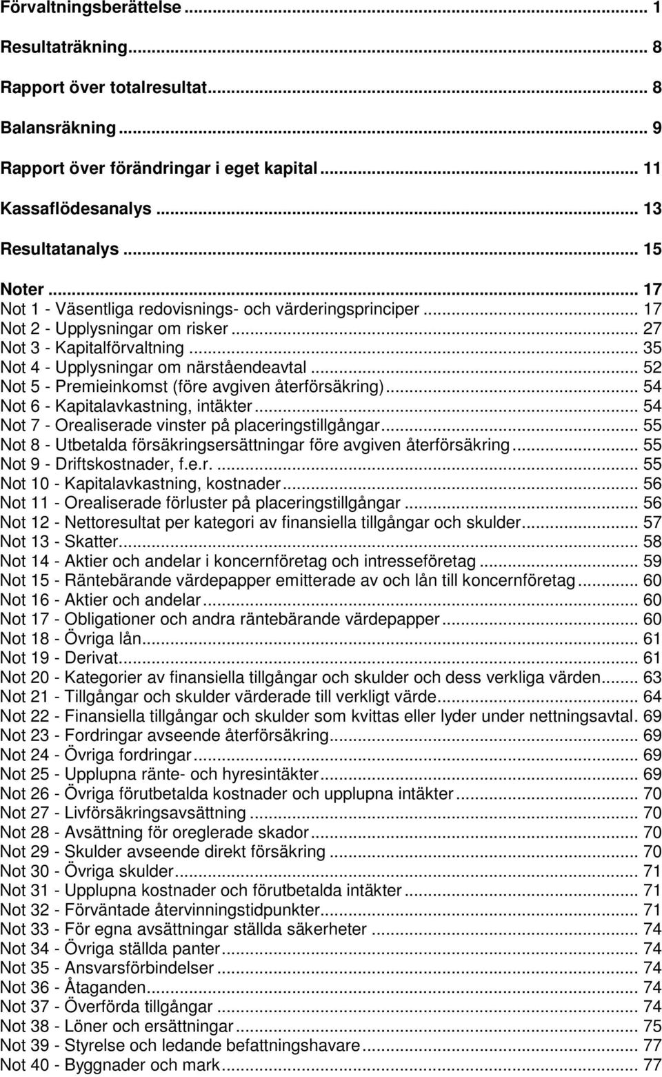 .. 52 Not 5 - Premieinkomst (före avgiven återförsäkring)... 54 Not 6 - Kapitalavkastning, intäkter... 54 Not 7 - Orealiserade vinster på placeringstillgångar.