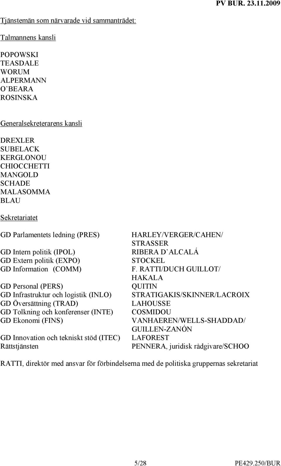 Översättning (TRAD) GD Tolkning och konferenser (INTE) GD Ekonomi (FINS) GD Innovation och tekniskt stöd (ITEC) Rättstjänsten HARLEY/VERGER/CAHEN/ STRASSER RIBERA D ALCALÁ STOCKEL F.