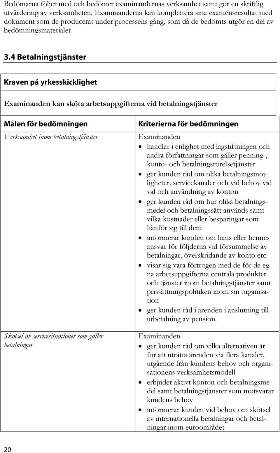 4 Betalningstjänster Kraven på yrkesskicklighet kan sköta arbetsuppgifterna vid betalningstjänster Målen för bedömningen Verksamhet inom betalningstjänster Skötsel av servicesituationer som gäller