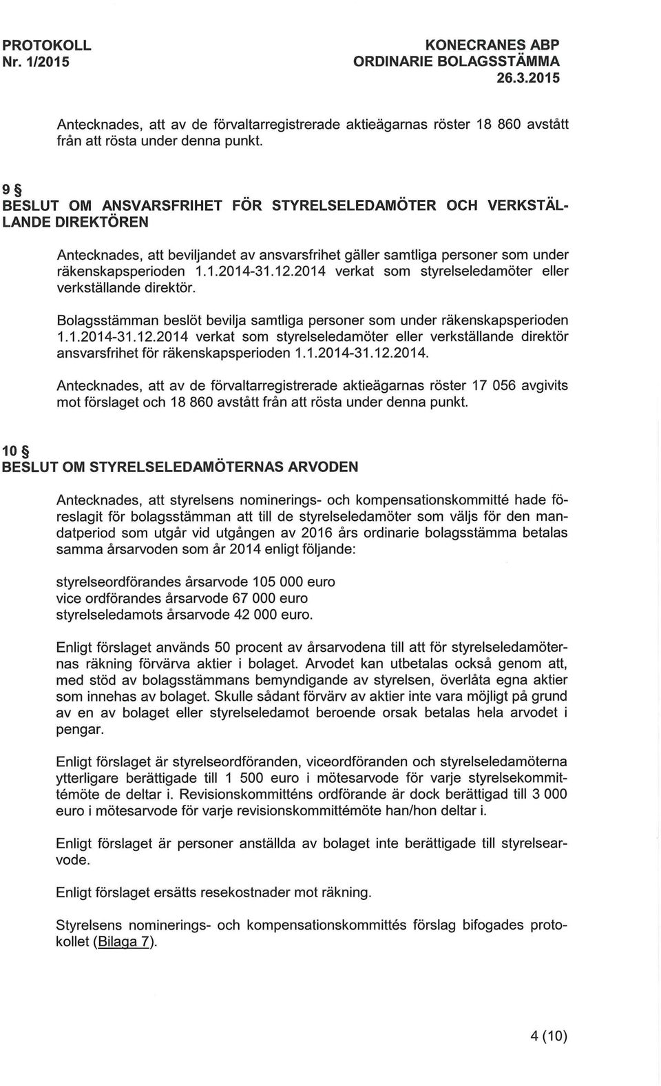 2014 verkat som styrelseledamoter eller verkstallande direktor. Bolagsstamman beslot bevilja samtliga personer som under rakenskapsperioden 1.1.2014-31.12.