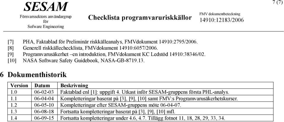 0 06-02-03 Faktablad enl [1]: uppgift 4. Utkast in SESAM-gruppens sta PHL-analys. 1.1 06-04-04 Kompletteringar baserat på [3], [9], [10] samt FMV:s Programvarusäkerhetskurser. 1.2 06-05-10 Kompletteringar efter SESAM-gruppens möte 06-04-07.