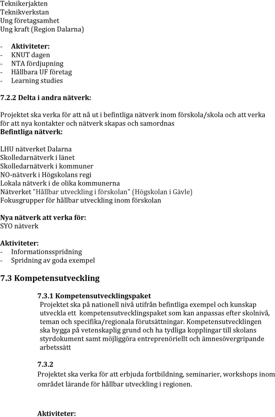 nätverket Dalarna Skolledarnätverk i länet Skolledarnätverk i kommuner NO- nätverk i Högskolans regi Lokala nätverk i de olika kommunerna Nätverket "Hållbar utveckling i förskolan" (Högskolan i
