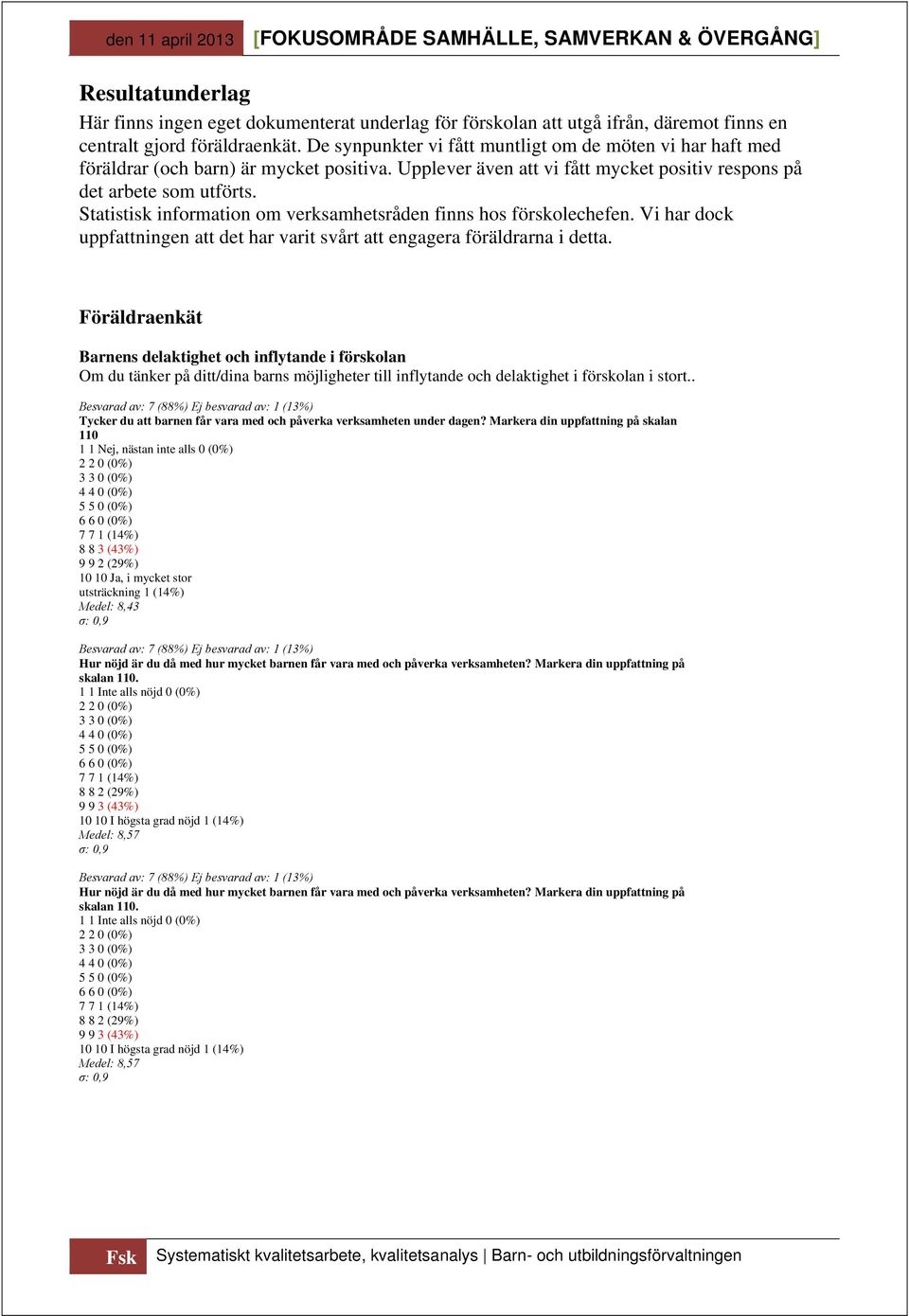 Statistisk information om verksamhetsråden finns hos förskolechefen. Vi har dock uppfattningen att det har varit svårt att engagera föräldrarna i detta.