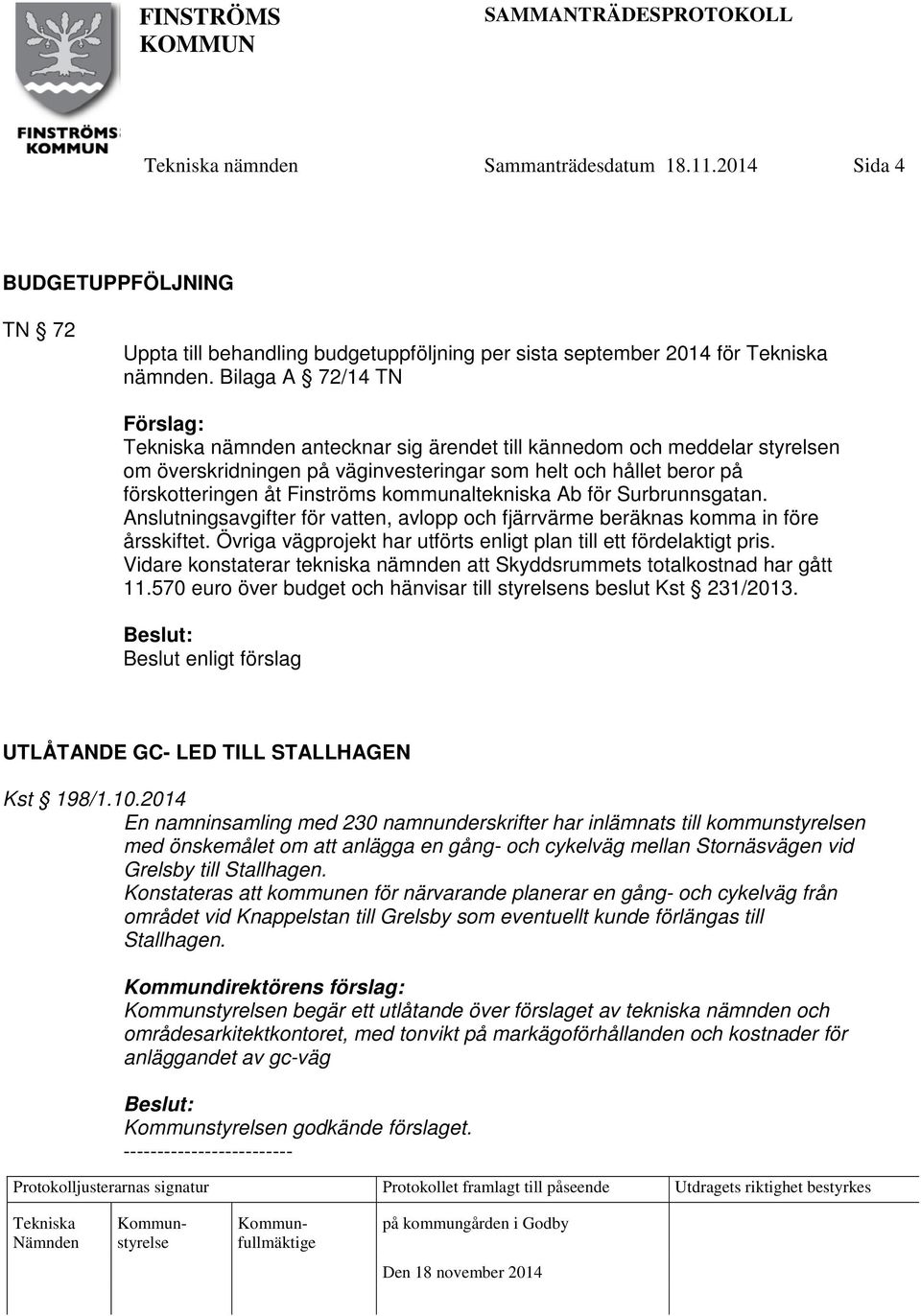 Ab för Surbrunnsgatan. Anslutningsavgifter för vatten, avlopp och fjärrvärme beräknas komma in före årsskiftet. Övriga vägprojekt har utförts enligt plan till ett fördelaktigt pris.