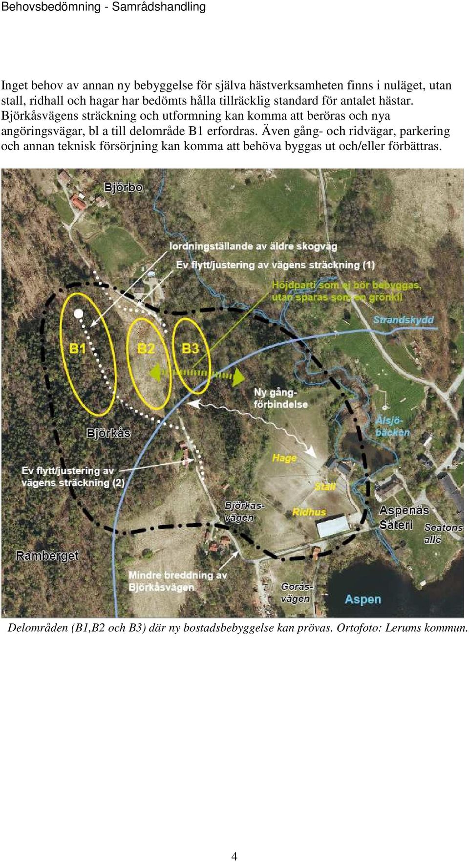 Björkåsvägens sträckning och utformning kan komma att beröras och nya angöringsvägar, bl a till delområde B1 erfordras.