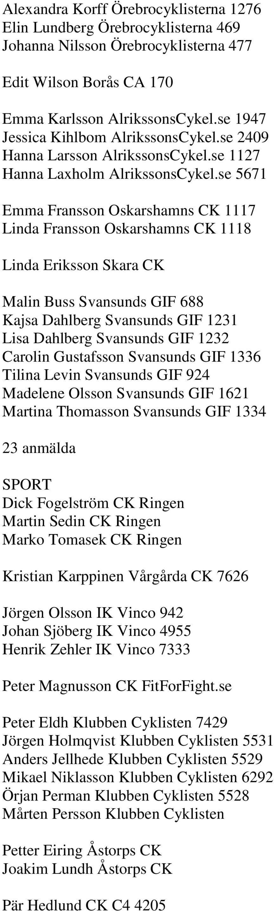 se 5671 Emma Fransson Oskarshamns CK 1117 Linda Fransson Oskarshamns CK 1118 Linda Eriksson Skara CK Malin Buss Svansunds GIF 688 Kajsa Dahlberg Svansunds GIF 1231 Lisa Dahlberg Svansunds GIF 1232