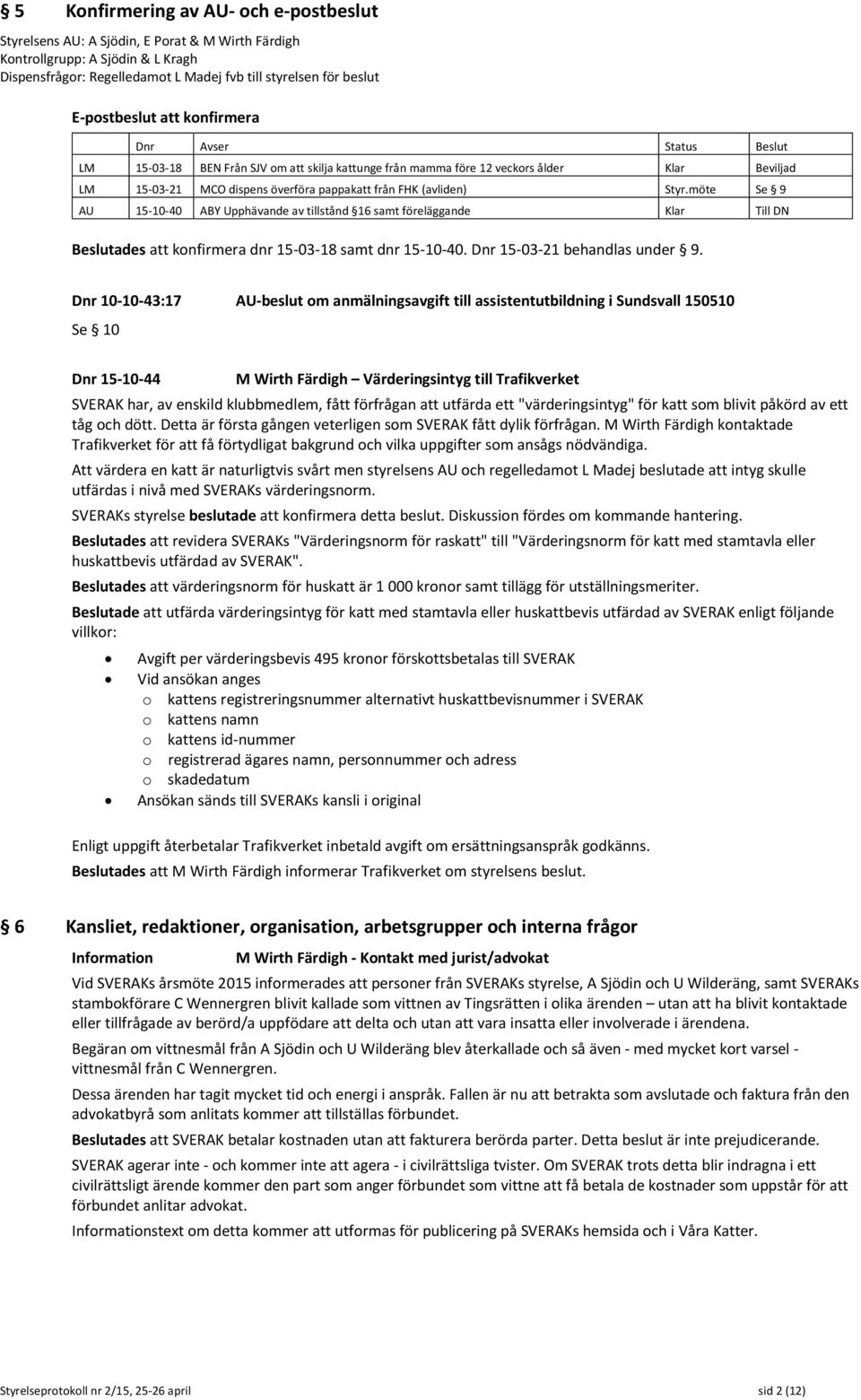 (avliden) Styr.möte Se 9 AU 15-10-40 ABY Upphävande av tillstånd 16 samt föreläggande Klar Till DN Beslutades att konfirmera dnr 15-03-18 samt dnr 15-10-40. Dnr 15-03-21 behandlas under 9.