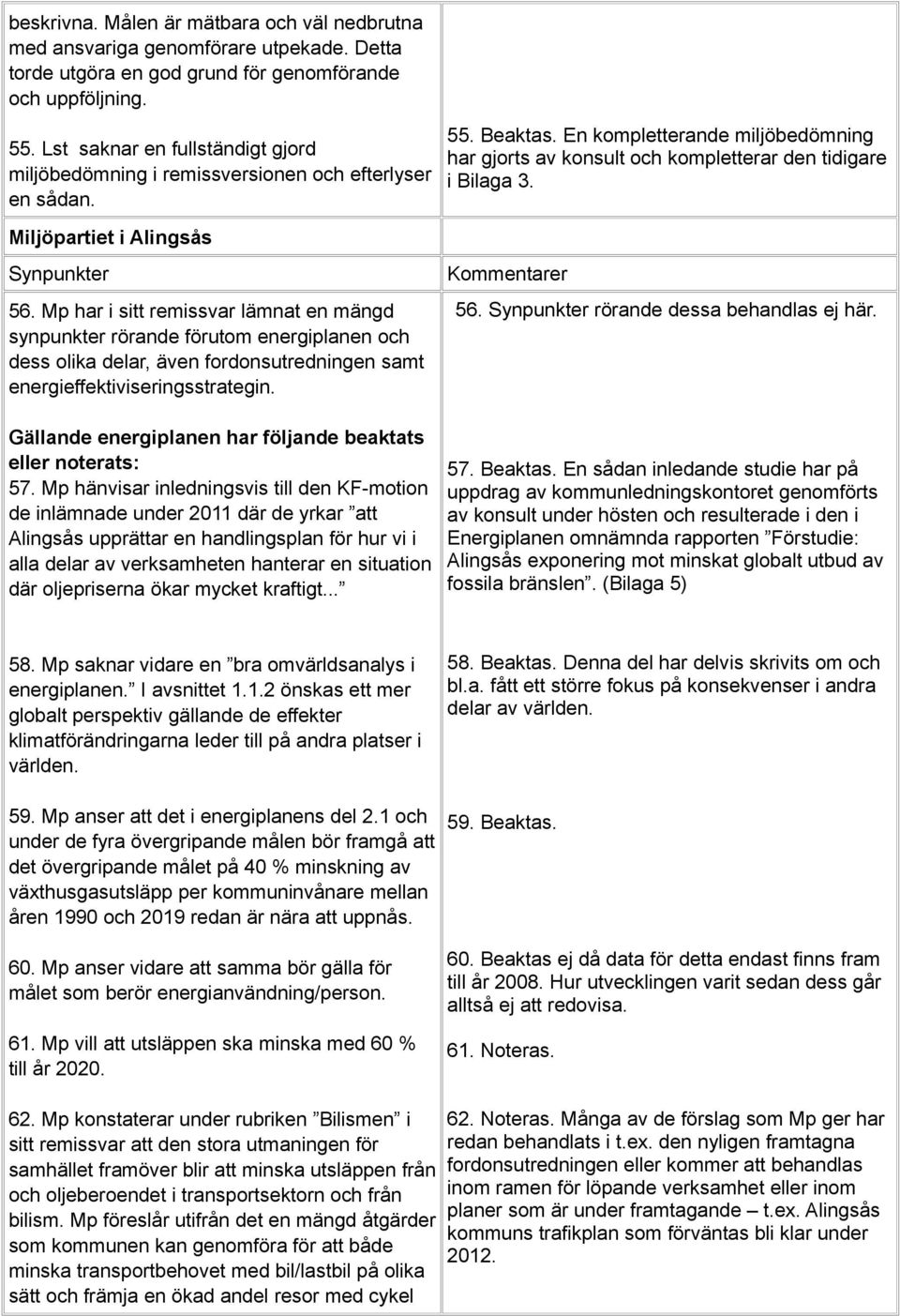 Miljöpartiet i Alingsås 56. Mp har i sitt remissvar lämnat en mängd synpunkter rörande förutom energiplanen och dess olika delar, även fordonsutredningen samt energieffektiviseringsstrategin.