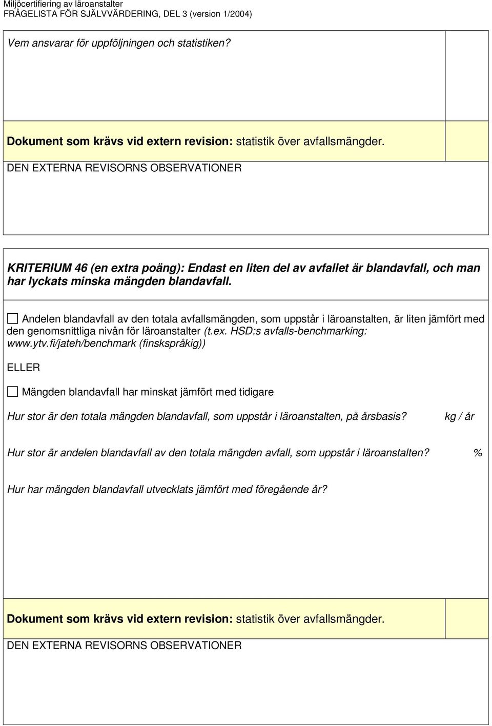 Andelen blandavfall av den totala avfallsmängden, som uppstår i läroanstalten, är liten jämfört med den genomsnittliga nivån för läroanstalter (t.ex. HSD:s avfalls-benchmarking: www.ytv.