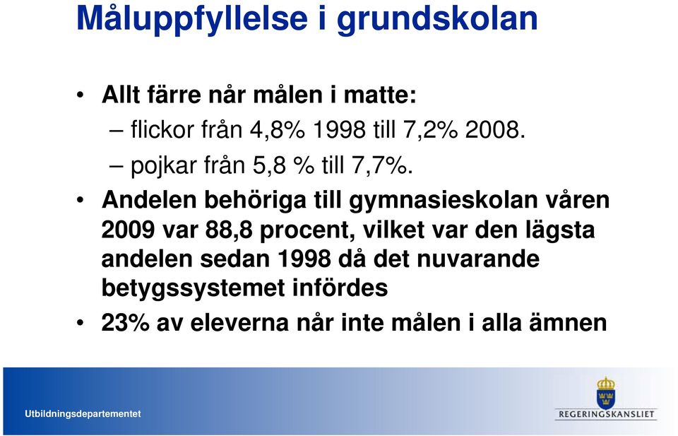 Andelen behöriga till gymnasieskolan våren 2009 var 88,8 procent, vilket var