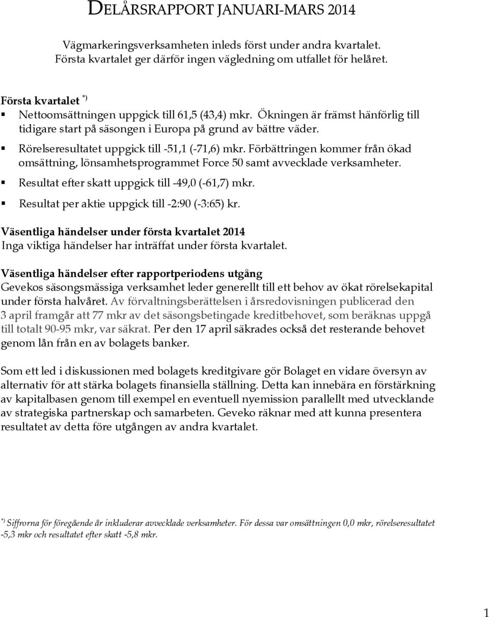 Rörelseresultatet uppgick till -51,1 (-71,6) mkr. Förbättringen kommer från ökad omsättning, lönsamhetsprogrammet Force 50 samt avvecklade verksamheter.