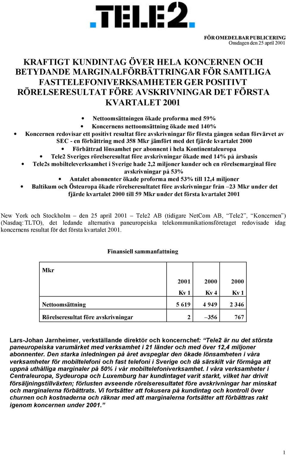 gången sedan förvärvet av SEC - en förbättring med 358 Mkr jämfört med det fjärde kvartalet 2000 Förbättrad lönsamhet per abonnent i hela Kontinentaleuropa Tele2 Sveriges rörelseresultat före