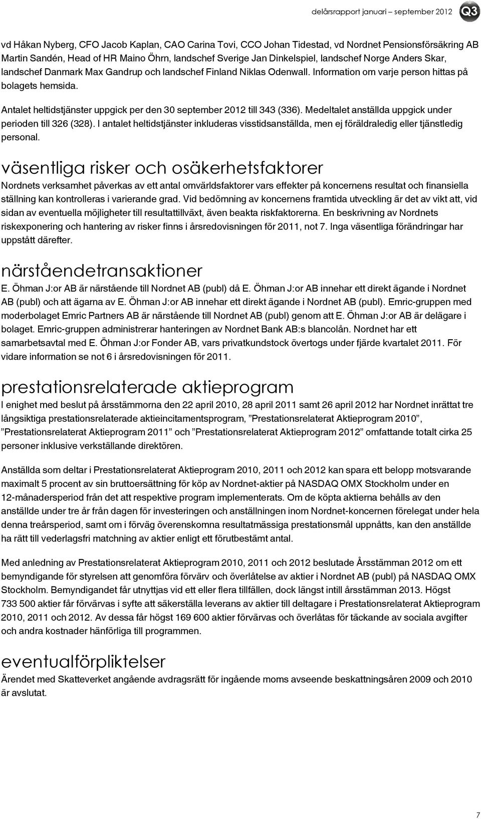 Antalet heltidstjänster uppgick per den 30 september 2012 till 343 (336). Medeltalet anställda uppgick under perioden till 326 (328).