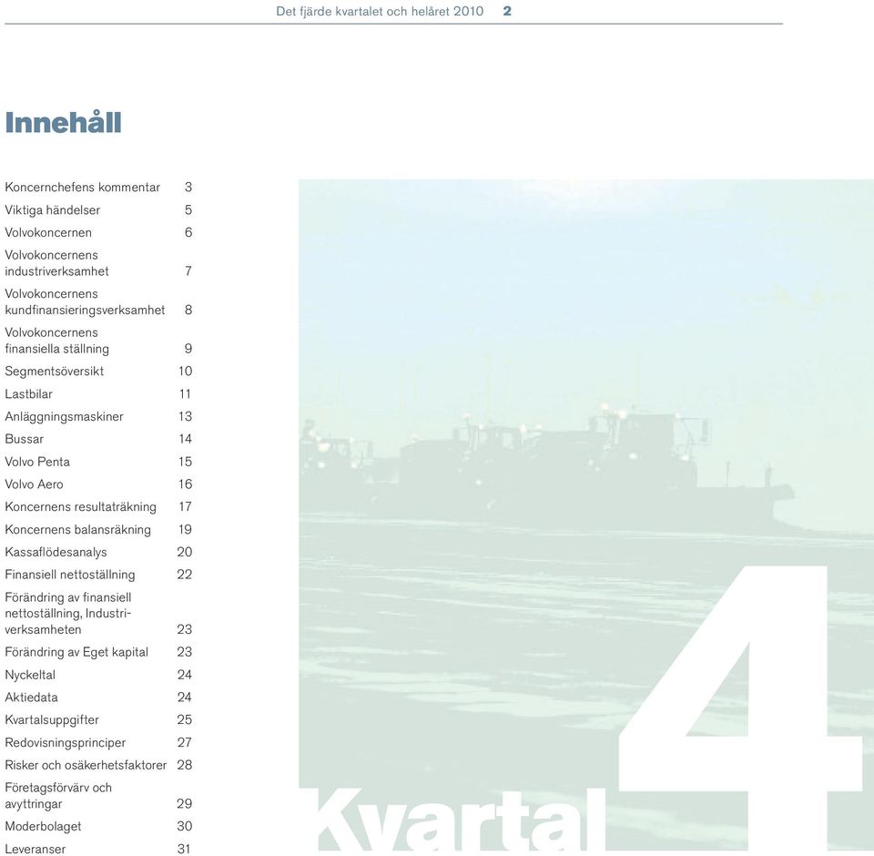 resultaträkning 17 Koncernens balansräkning 19 Kvartal4 Kassafl ödesanalys 20 Finansiell nettoställning 22 av fi nansiell nettoställning, Industriverksamheten 23 av Eget