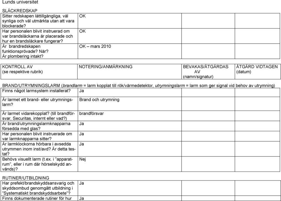 mars 2010 KONTROLL AV (se respektive rubrik) NOTERING/ANMÄRKNING BEVAKAS/ÅTGÄRDAS AV (namn/signatur) ÅTGÄRD VIDTAGEN (datum) BRAND/UTRYMNINGSLARM (brandlarm = larm kopplat till rök/värmedetektor,