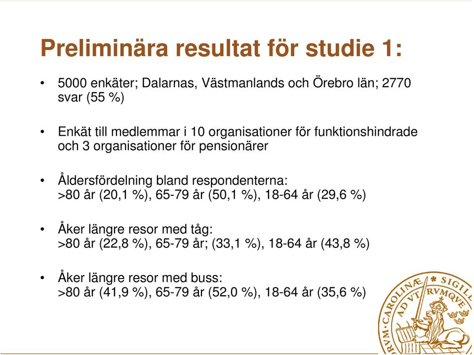 respondenterna: >80 år (20,1 %), 65-79 år (50,1 %), 18-64 år (29,6 %) Åker längre resor med tåg: >80 år (22,8 %),