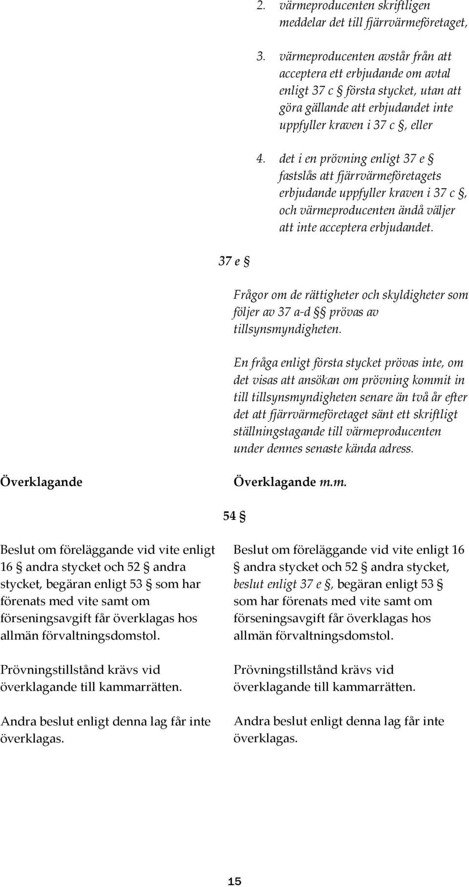 det i en prövning enligt 37 e fastslås att fjärrvärmeföretagets erbjudande uppfyller kraven i 37 c, och värmeproducenten ändå väljer att inte acceptera erbjudandet.