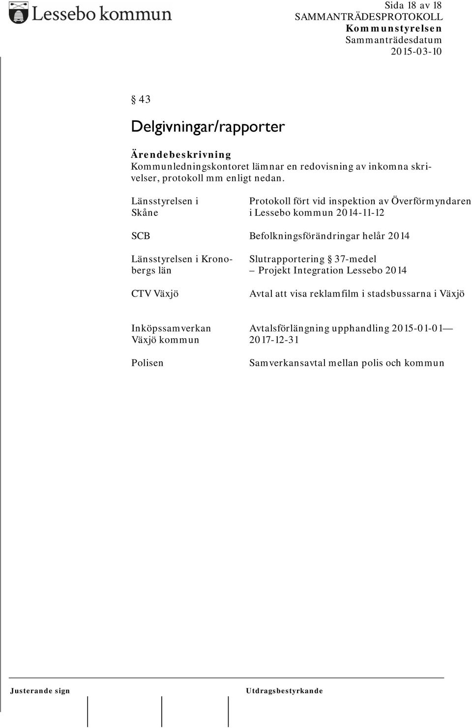 Länsstyrelsen i Kronobergs län CTV Växjö Slutrapportering 37-medel Projekt Integration Lessebo 2014 Avtal att visa reklamfilm i