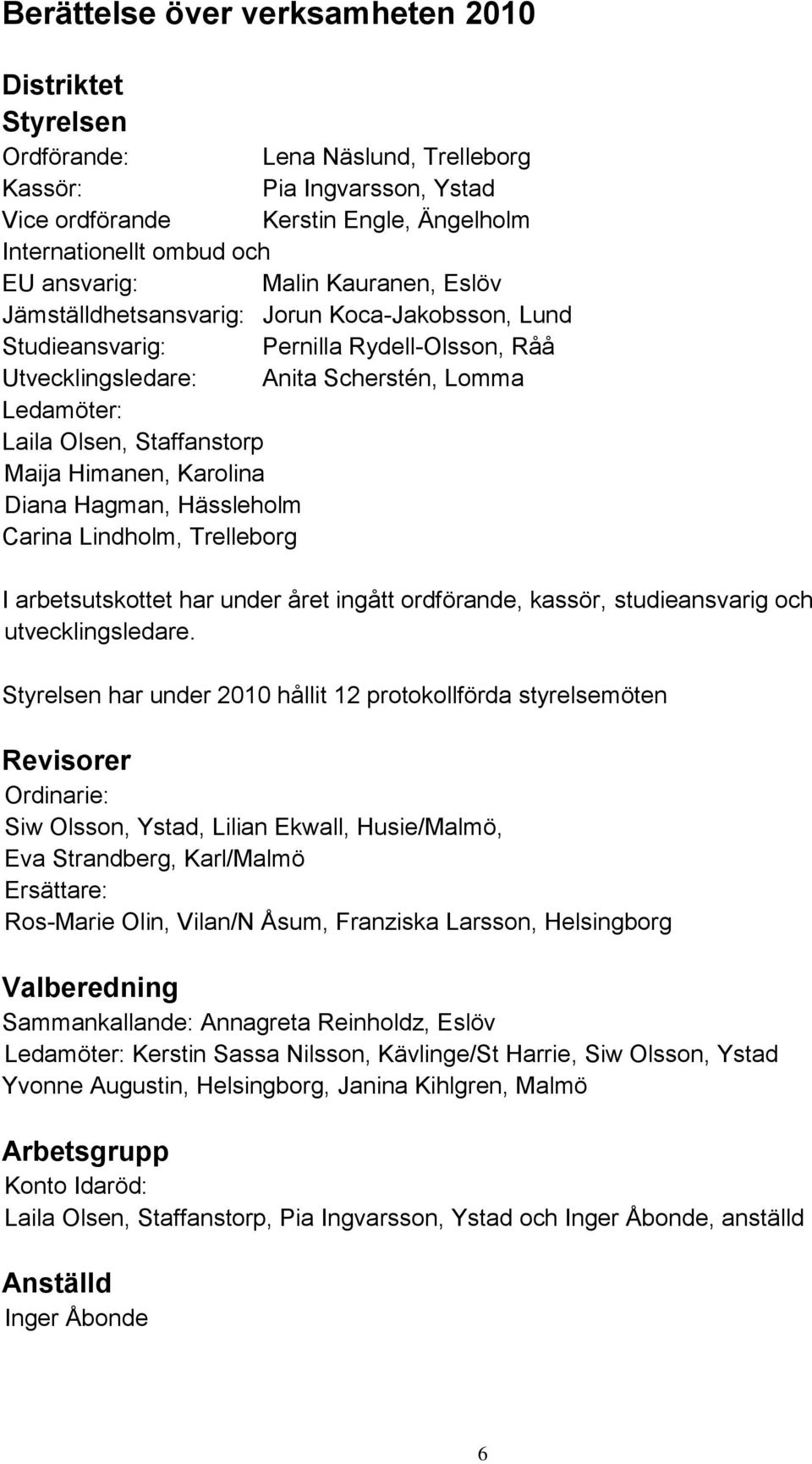 Staffanstorp Maija Himanen, Karolina Diana Hagman, Hässleholm Carina Lindholm, Trelleborg I arbetsutskottet har under året ingått ordförande, kassör, studieansvarig och utvecklingsledare.