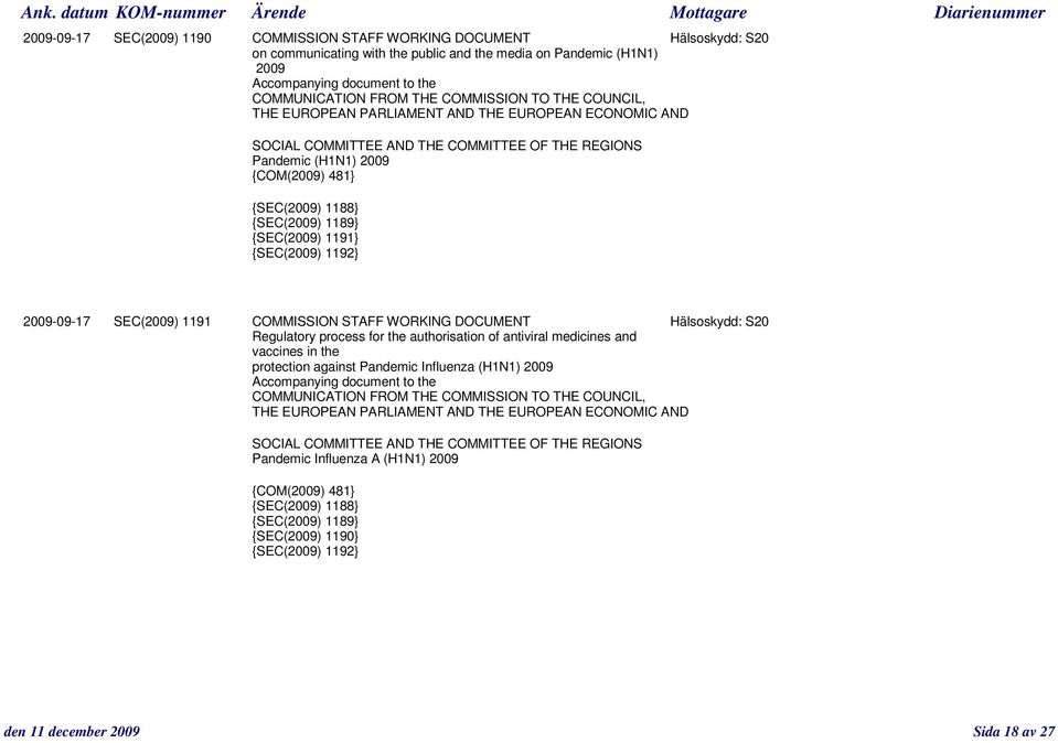 1189} {SEC(2009) 1191} {SEC(2009) 1192} 2009-09-17 SEC(2009) 1191 COMMISSION STAFF WORKING DOCUMENT Hälsoskydd: S20 Regulatory process for the authorisation of antiviral medicines and vaccines in the