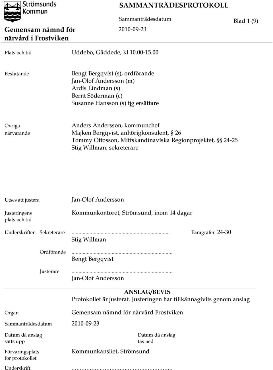 Bergqvist, anhörigkonsulent, 26 Tommy Ottosson, Mittskandinaviska Regionprojektet, 24-25 Stig Willman, sekreterare Utses att justera Justeringens plats och tid Jan-Olof Andersson Kommunkontoret,