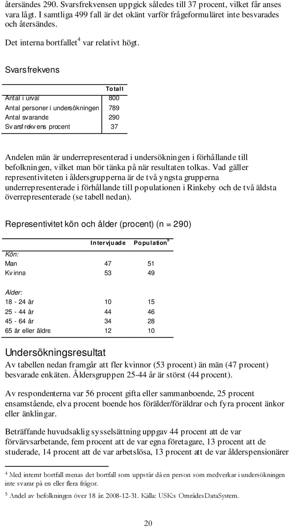 Svarsfrekvens Antal i urval 800 Antal personer i undersökningen 789 Antal svarande 290 Sv arsf rekv ens procent 37 Andelen män är underrepresenterad i undersökningen i förhållande till befolkningen,