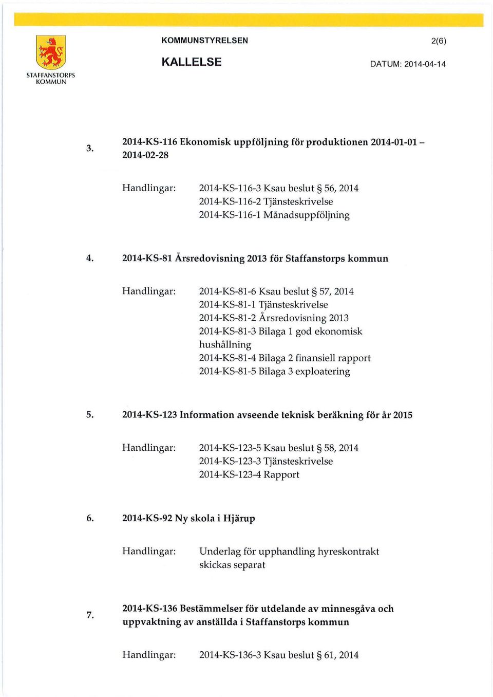 2014-KS-81 Årsredovisning 2013 för Slaffanstorps kommun Handlingar: 2014-KS-81-6 Ksau beslut 57, 2014 2014-KS-81-1 Tjänsteskrivelse 2014-KS-81-2 Årsredovisning 2013 2014-KS-81-3 Bilaga l god