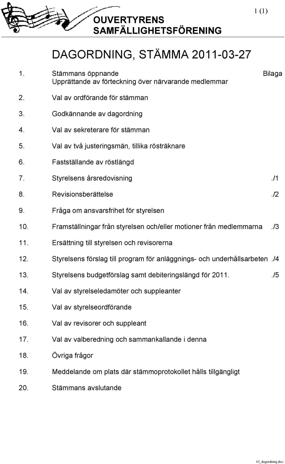 Fråga om ansvarsfrihet för styrelsen 10. Framställningar från styrelsen och/eller motioner från medlemmarna./3 11. Ersättning till styrelsen och revisorerna 12.