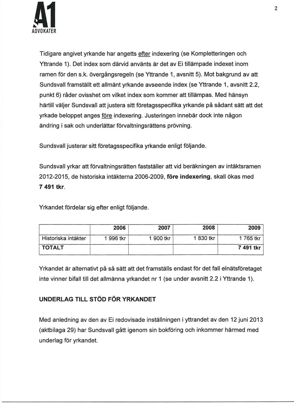 Med hänsyn härtill väljer Sundsvall att justera sitt företagsspecifika yrkande på sådant sätt att det yrkade beloppet anges före indexering.