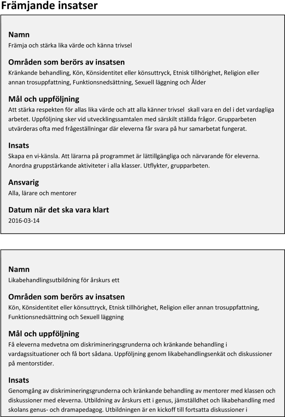 arbetet. Uppföljning sker vid utvecklingssamtalen med särskilt ställda frågor. Grupparbeten utvärderas ofta med frågeställningar där eleverna får svara på hur samarbetat fungerat.