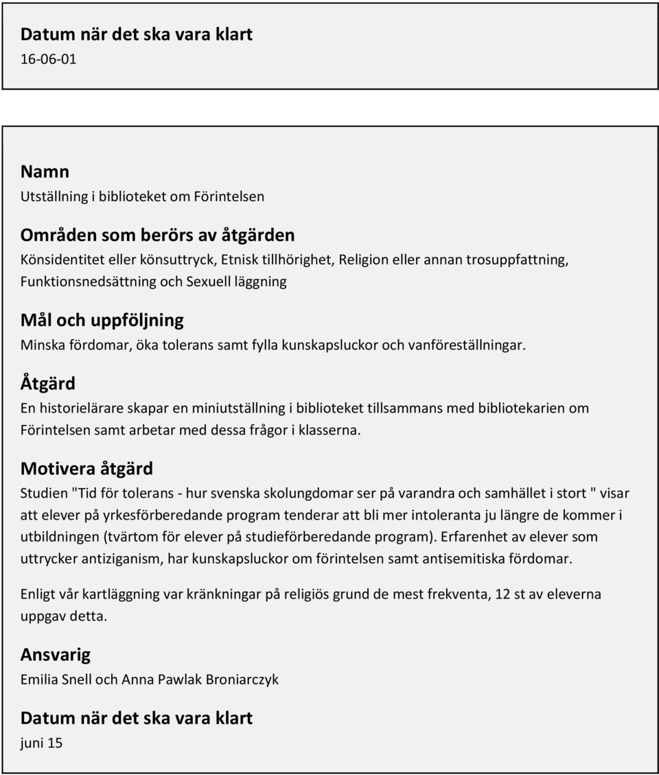 Åtgärd En historielärare skapar en miniutställning i biblioteket tillsammans med bibliotekarien om Förintelsen samt arbetar med dessa frågor i klasserna.